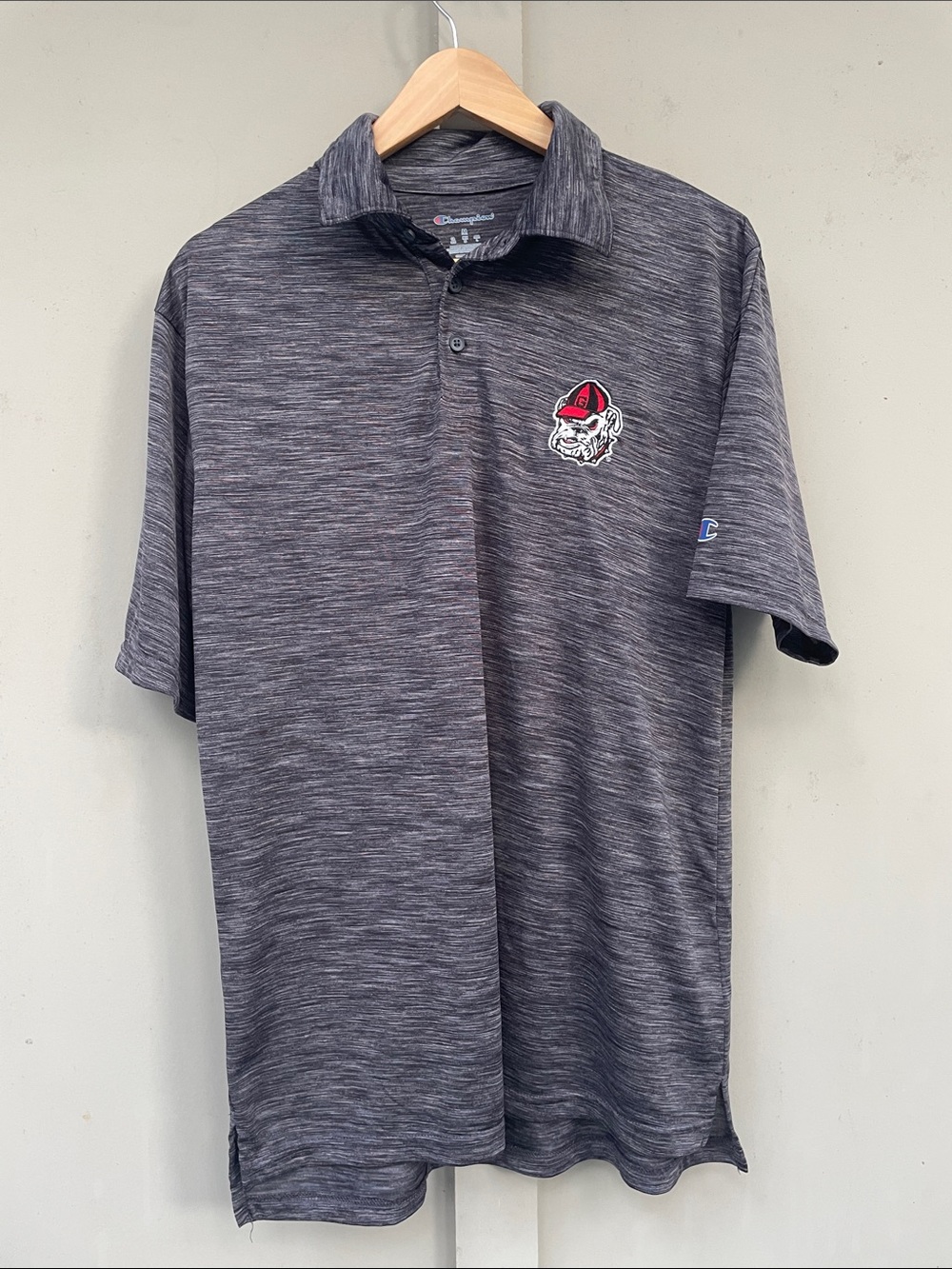 Champion Men's Heather Charcoal UGA Polo with Embroidered Bulldog. M/ Medium.